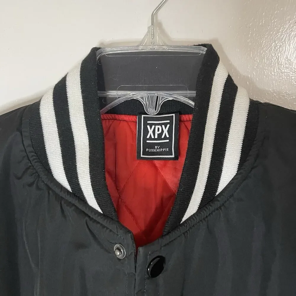 XPX Punkhippie black snap bomber varsity patchwork jacket size medium